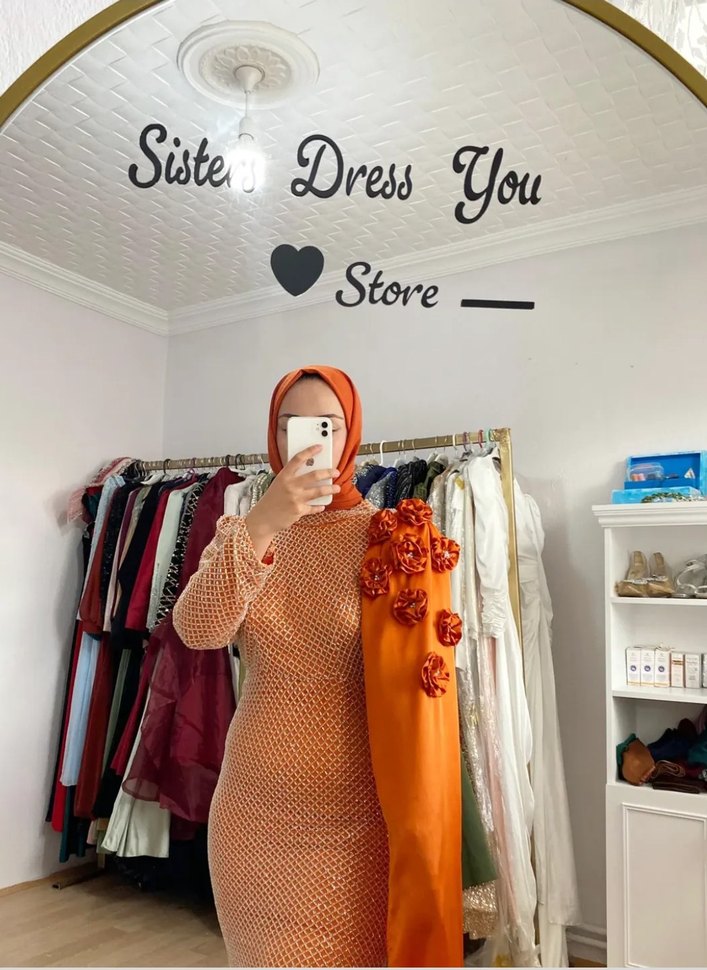 Turuncu Uzun Kollu Drapeli Abiye Elbise - Görsel 2