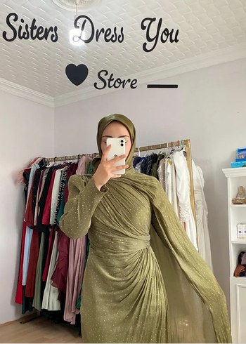 Uzun Kollu Haki Bohem Şık Abiye Elbise - Görsel 2