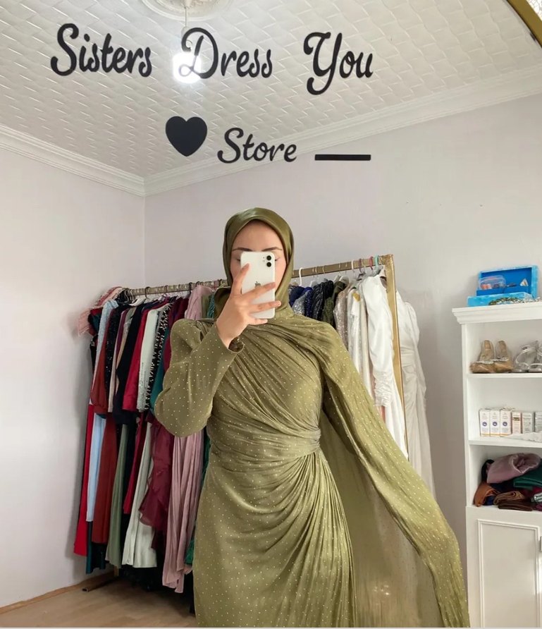 Uzun Kollu Haki Bohem Şık Abiye Elbise - Görsel 2