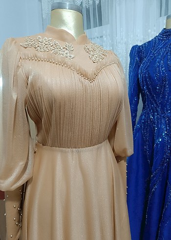 Bej Uzun Kollu İşlemeli Abiye Elbise Satılık - Görsel 4