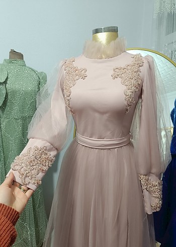 İnci İşlemeli pudra Uzun Abiye Elbise - Görsel 3