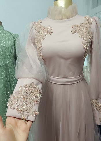 İnci İşlemeli pudra Uzun Abiye Elbise - Görsel 2