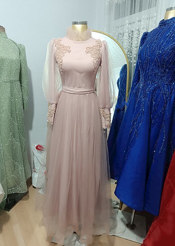 İnci İşlemeli pudra Uzun Abiye Elbise - Görsel 4