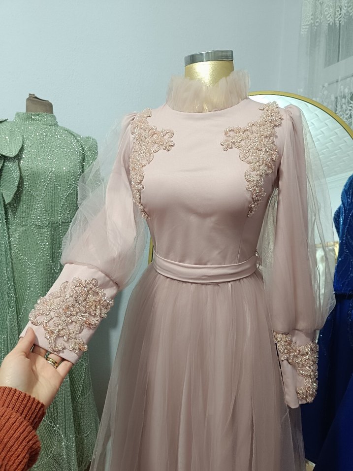 İnci İşlemeli pudra Uzun Abiye Elbise - Görsel 3