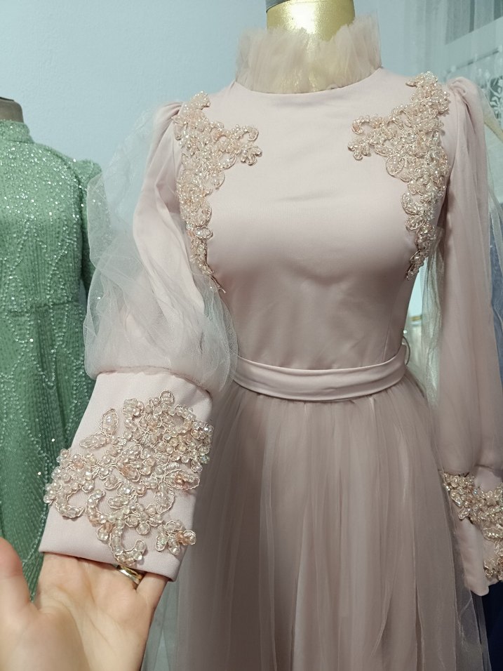 İnci İşlemeli pudra Uzun Abiye Elbise - Görsel 2
