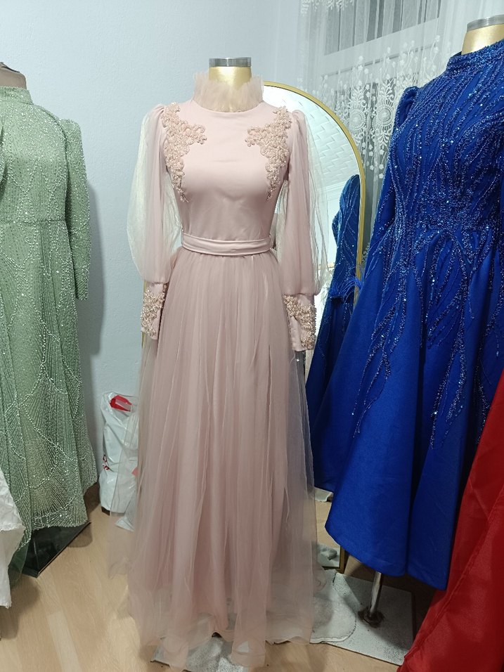 İnci İşlemeli pudra Uzun Abiye Elbise - Görsel 4