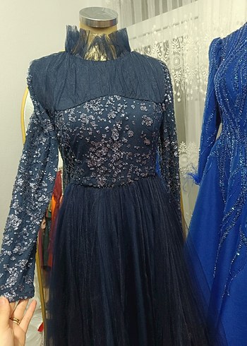 Lacivert İşlemeli Uzun Kollu Abiye Elbise Satılık - Görsel 2