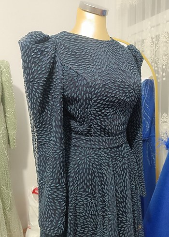 Uzun Kollu lacivert Puantiyeli Elbise - Görsel 3