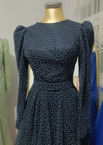 Uzun Kollu lacivert Puantiyeli Elbise - Görsel 2