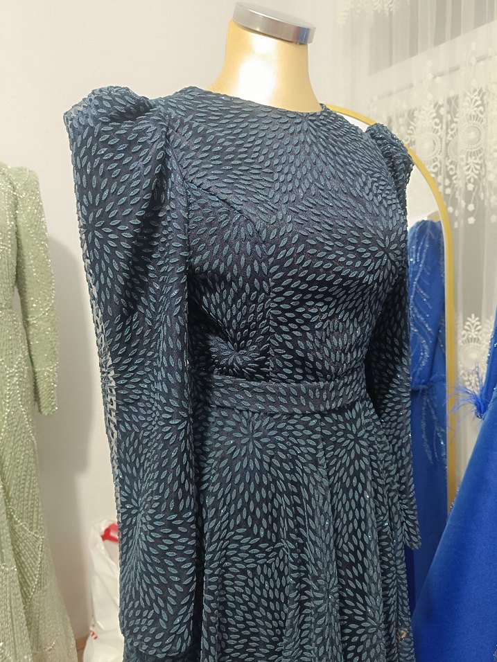 Uzun Kollu lacivert Puantiyeli Elbise - Görsel 3