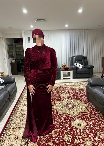 Bordo Uzun Kollu Drapeli Kadın Abiye Elbise