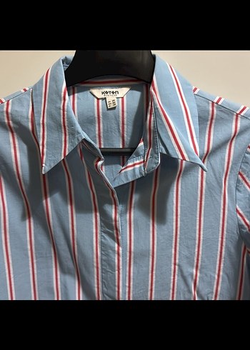 Düğmeli Çizgili Mavi Kadın Gömlek - Görsel 2