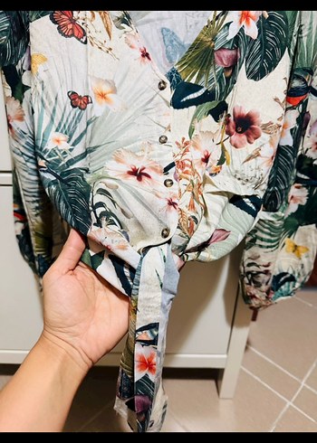 Çiçek Desenli V Yaka Bohem Kadın Gömlek - Görsel 3