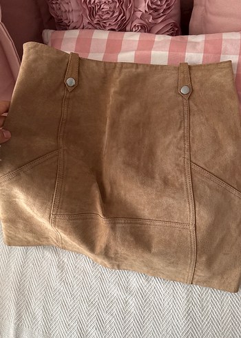 Bej Süet deri Düğmeli Mini Etek - Görsel 4