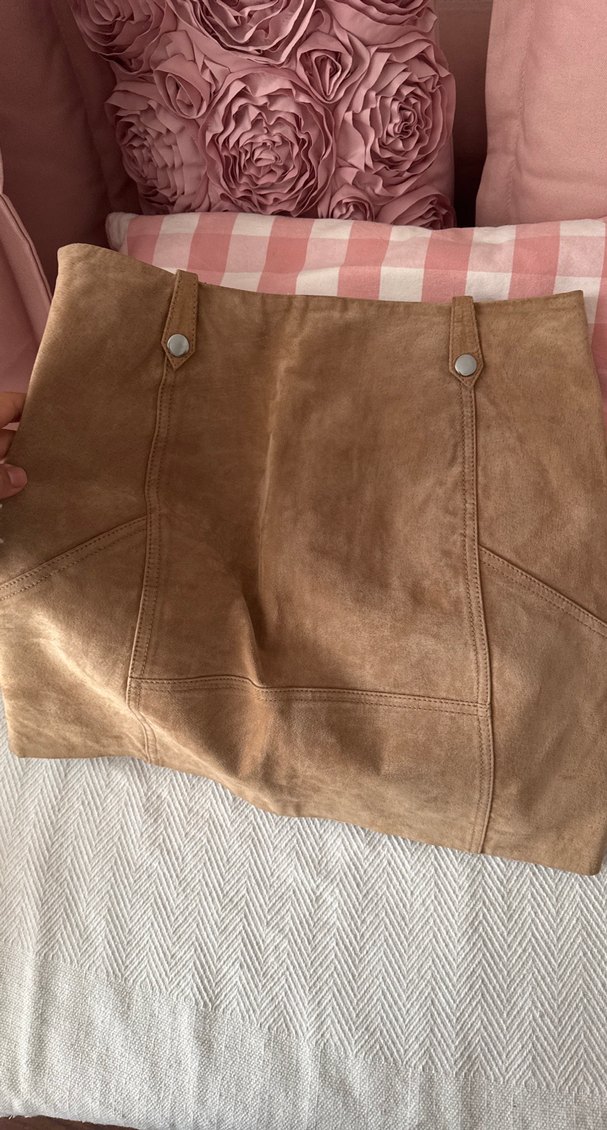 Bej Süet deri Düğmeli Mini Etek - Görsel 4