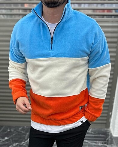 Unisex Polar Parça Renkli Sweatshirt Mavi