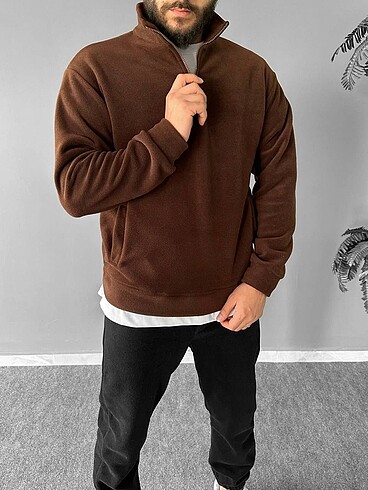 Unisex Polar Yarım Fermuarlı Sweatshirt Kahverengi
