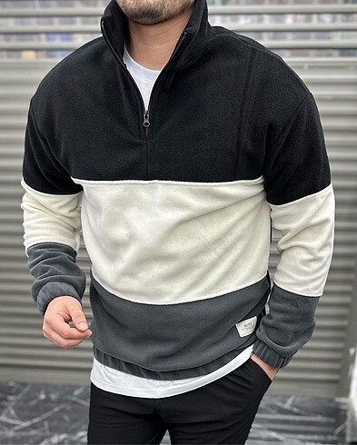 Unisex Polar Parça Renkli Sweatshirt Siyah