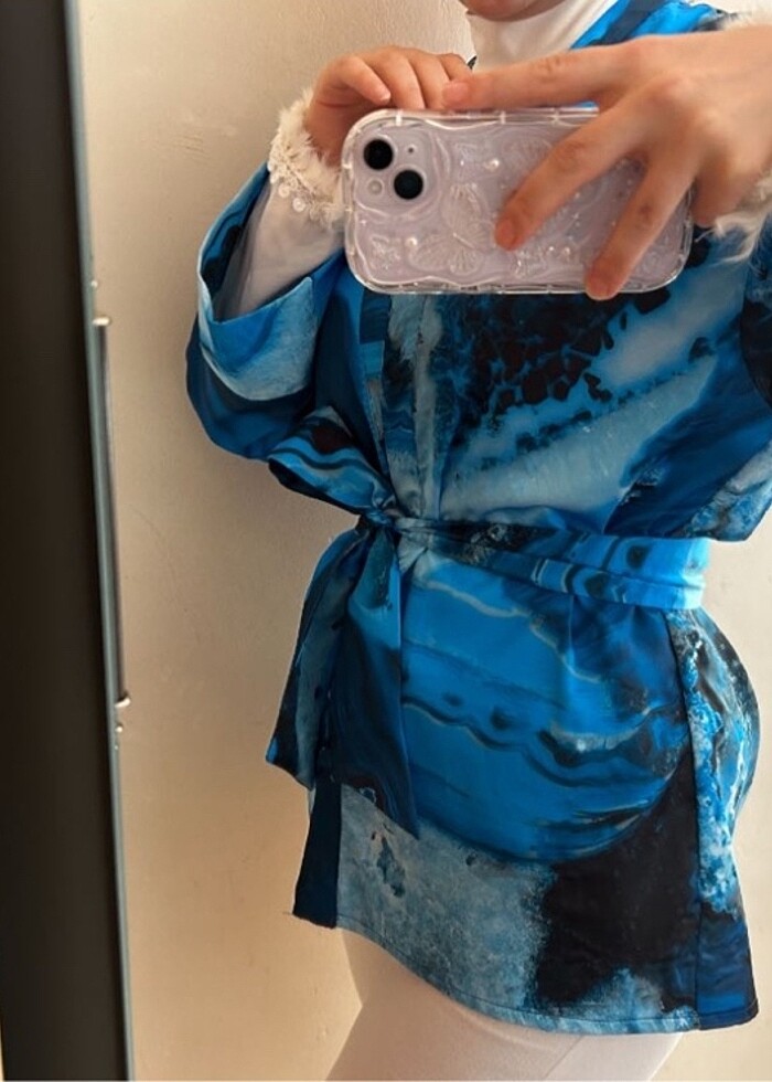 Tasarım Dikim Pamuk Saten Kimono - Görsel 3