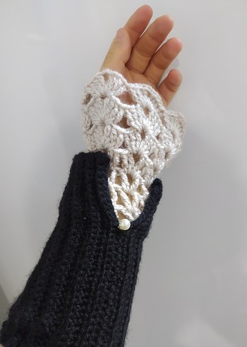 Beyaz Siyah Örgü Vintage Tarzı Kadın Eldiveni - Görsel 6