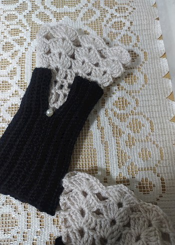 Beyaz Siyah Örgü Vintage Tarzı Kadın Eldiveni - Görsel 5