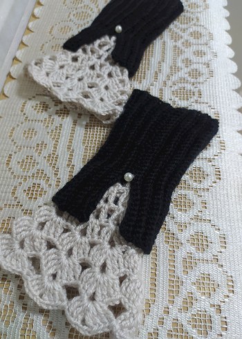 Beyaz Siyah Örgü Vintage Tarzı Kadın Eldiveni - Görsel 4