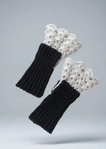 Beyaz Siyah Örgü Vintage Tarzı Kadın Eldiveni - Görsel 10