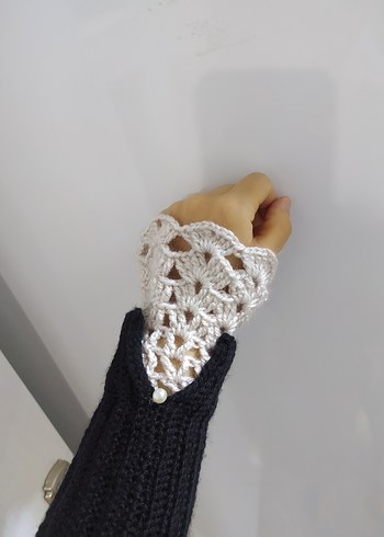 Beyaz Siyah Örgü Vintage Tarzı Kadın Eldiveni - Görsel 7