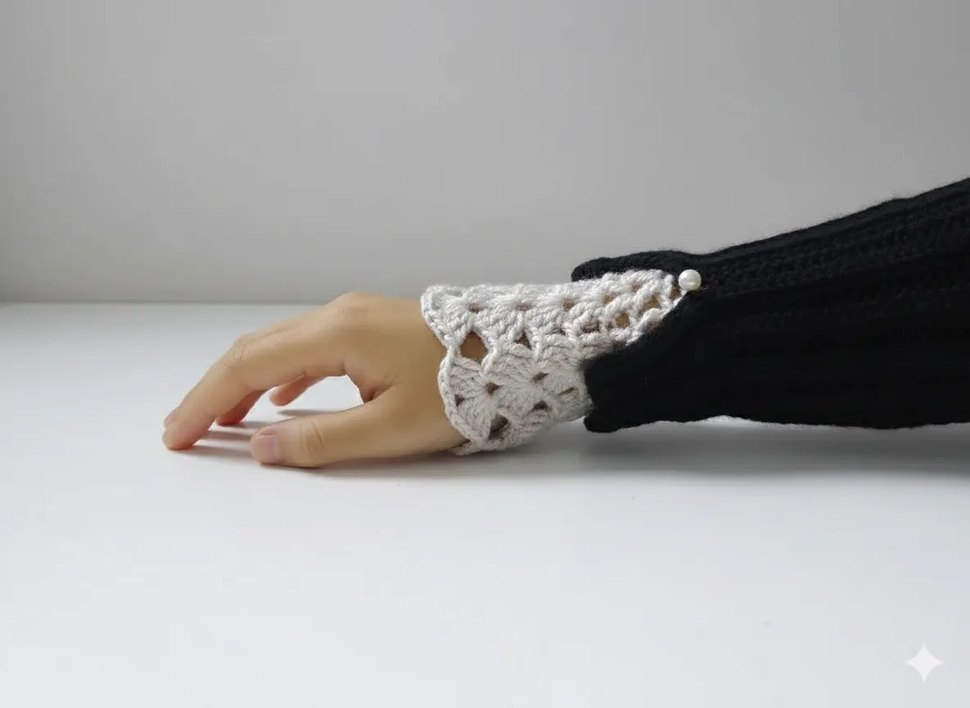 Beyaz Siyah Örgü Vintage Tarzı Kadın Eldiveni - Görsel 2