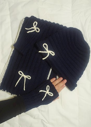 Lacivert Örgü Kadın Eldiven, Atkı, Bere Takım - Görsel 2