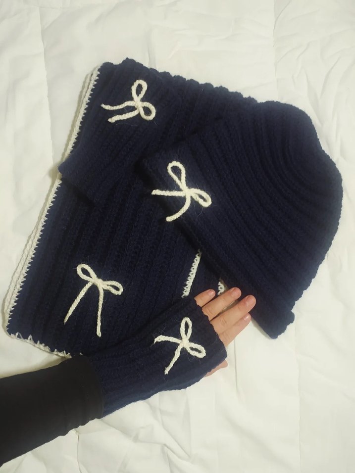 Lacivert Örgü Kadın Eldiven, Atkı, Bere Takım - Görsel 2