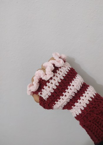 Bordo Pembe Fırfırlı Örgü Kadın Eldiveni - Görsel 2