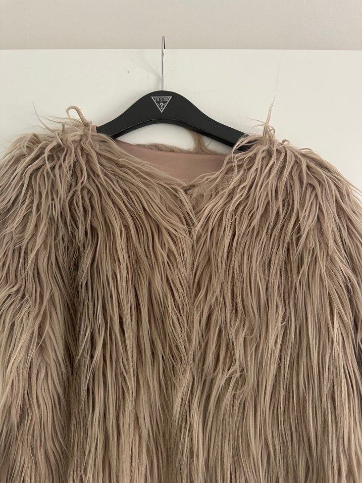 Bej Kadın Suni Kürk Uzun Kollu Midi Ceket - Görsel 2