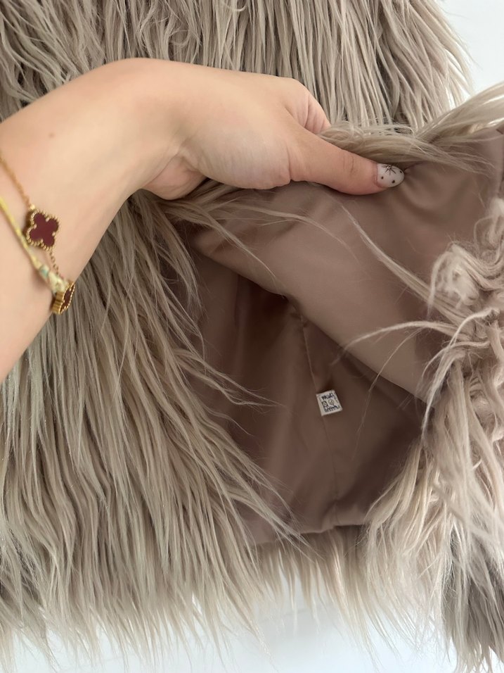 Bej Kadın Suni Kürk Uzun Kollu Midi Ceket - Görsel 4