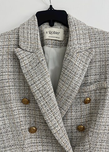 Düğmeli Bej Ekose Kadın Blazer Ceket - Görsel 2