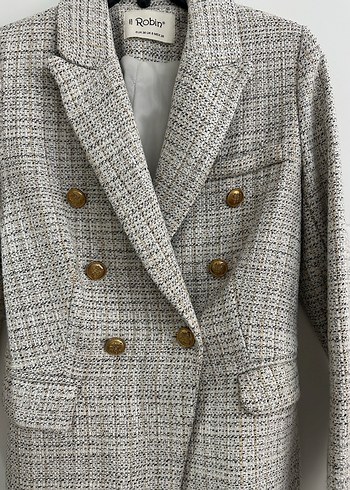 Düğmeli Bej Ekose Kadın Blazer Ceket - Görsel 3