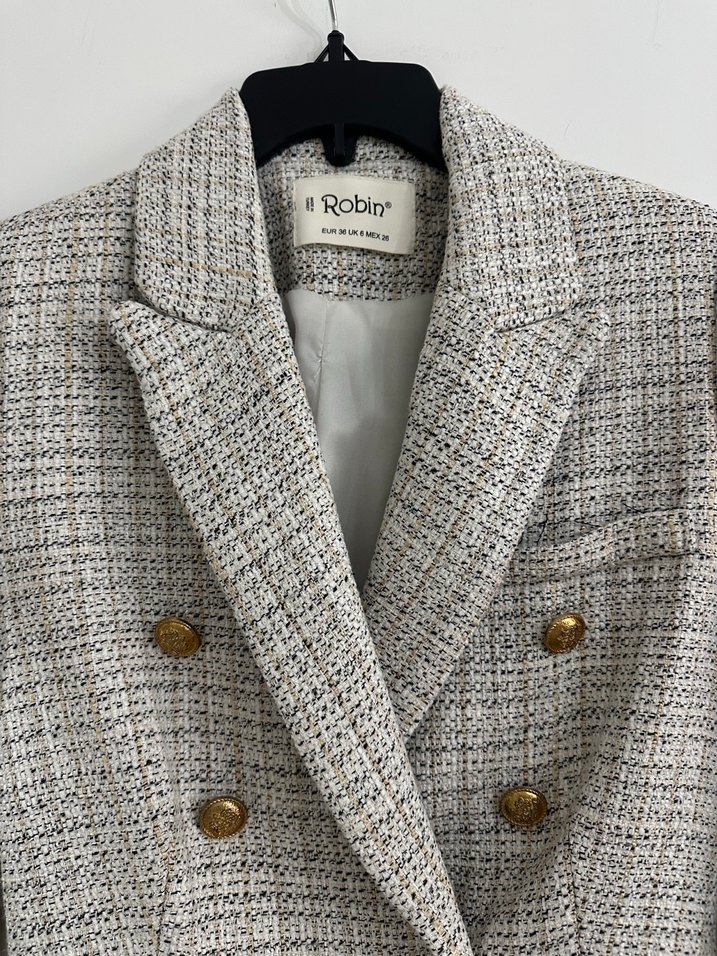 Düğmeli Bej Ekose Kadın Blazer Ceket - Görsel 2