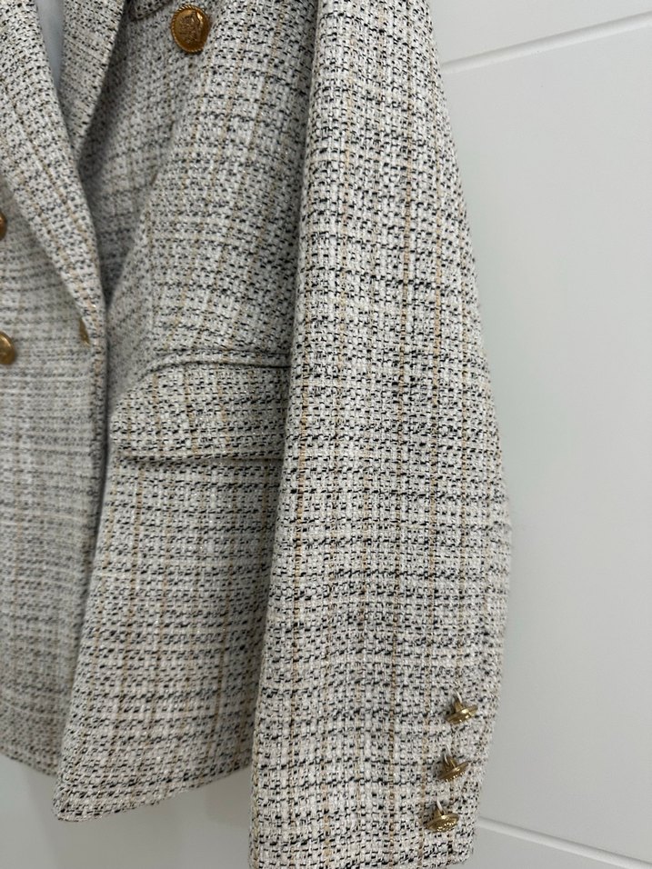 Düğmeli Bej Ekose Kadın Blazer Ceket - Görsel 4