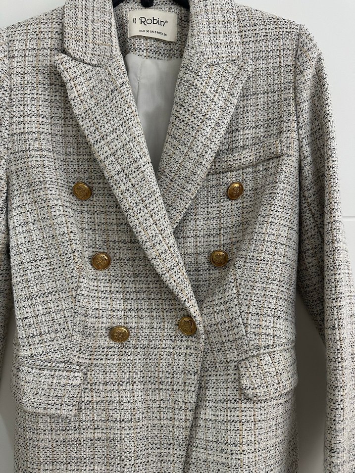 Düğmeli Bej Ekose Kadın Blazer Ceket - Görsel 3