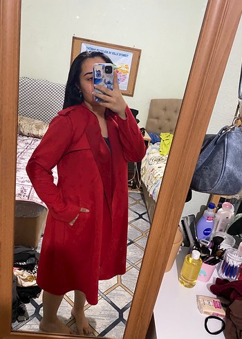 Kırmızı Midi Trenchcoat Kadın