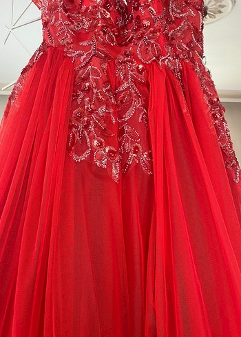 Kırmızı Drapeli Uzun Abiye Elbise - Görsel 3