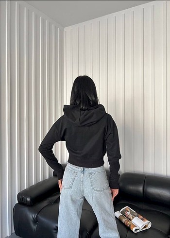 Vintage Love Kadın Siyah Fermuarlı Kapüşonlu Sweatshirt