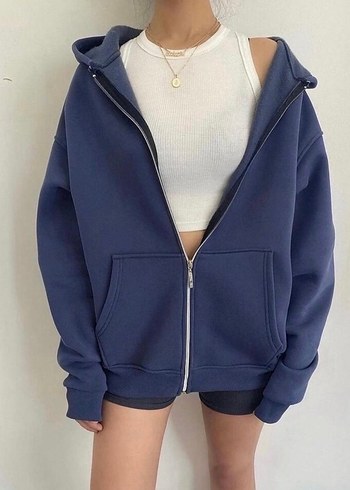 Kadın Lacivert Fermuarlı Sweatshirt 3 İplik Kalın Kumaş