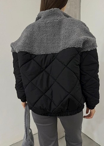Vintage Love Kadın Gri Peluş Detaylı Kışlık Mont