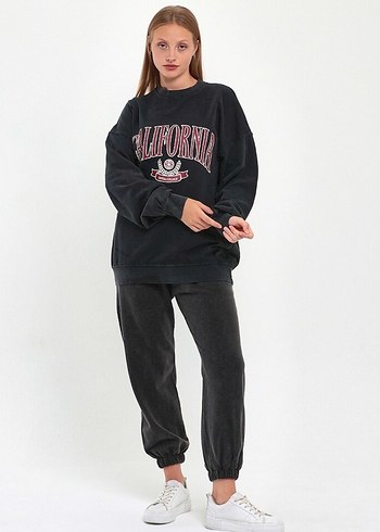 Siyah Denim Dokulu pamuklu Eşofman Takım Serbest Stil - Görsel 2