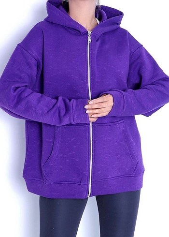 Mor Kapüşonlu Fermuarlı Kadın Sweatshirt - Görsel 2