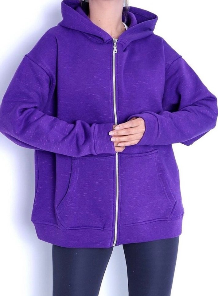 Mor Kapüşonlu Fermuarlı Kadın Sweatshirt - Görsel 2
