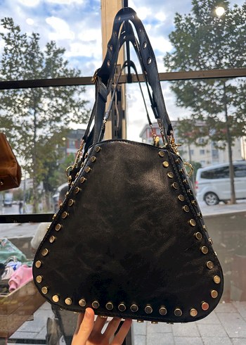 Zincir Detaylı Siyah Deri Punk Çanta