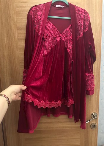 Bordo Nakışlı Uzun Kollu Bohem Kadın Pijama Takımı - Görsel 8