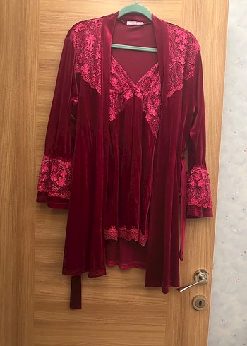 Bordo Nakışlı Uzun Kollu Bohem Kadın Pijama Takımı - Görsel 3